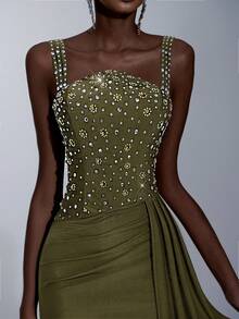 Elitara Đầm dạ hội dáng đuôi cá sang trọng, thủ công, đính đá 3D lấp lánh, chất liệu kim loại, kiểu dáng quây ngực, có eo xếp ly, các mảng vải xuyên thấu và chân váy xếp tầng bồng bềnh, phù hợp cho các dịp trang trọng, đám cưới và tiệc tùng. - xanh quân đội - Xem 6