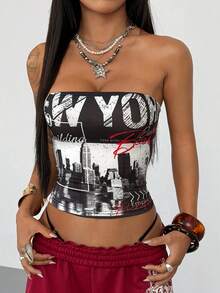 SHEIN HypeZone 女士夏季抹胸上衣，朋克纽约建筑与自由女神像图案抹胸上衣 - 黑色 - 查看 5