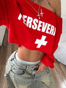 Women's Red Long Sleeve Oblique Shoulder Sweatshirt, StreetHxY2K Hot Girl Personalized Grunge Streetwear Punk Fitted Oblique Shoulder Off-Shoulder Long Sleeve Sweatshirt - Red - View 5