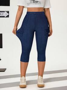 Flexra Dambyxor med hög midja och elastiska, smala ben för pendling, avslappnade jeans med capri-mönster - Blå - Visa 7