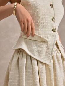 2pcs Women Tweed Round Neck Short Sleeve Button Up Top And Bubble Hem Skirt Set - White - View 6