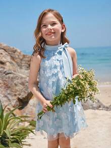 Young Girl Mandarin Collar Mesh Cutout Loose Casual Dress - Baby Blue - View 5