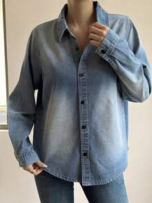 Livesso 春季休闲棉质牛仔夹克，做旧图案，翻领设计，女款 - 中等水洗藍 - 查看 4