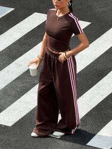 Muchica 女士条纹拼接圆领短袖T恤和阔腿裤休闲两件套 - 咖啡棕 - 查看 4