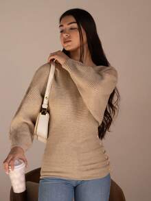 Andrea Bello Women's New Autumn/Winter Single-Piece Design Batwing Sleeve High-End Buttoned Minimalist Everyday Knit Long Sleeve Top - Apricot - View 6