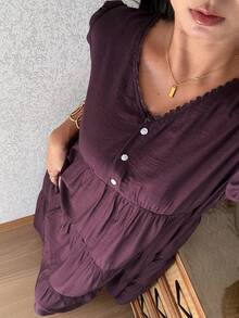 DAZY 女士半拉链泡泡袖长款连衣裙家居服 - 紫色 - 查看 1