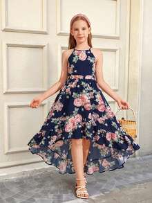 SHEIN Serisse Kids Tween Girl Floral Print Sleeveless Asymmetric Hem Dress - Multicolor - View 1