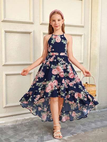 SHEIN Serisse Kids Tween Girl Floral Print Sleeveless Asymmetric Hem Dress