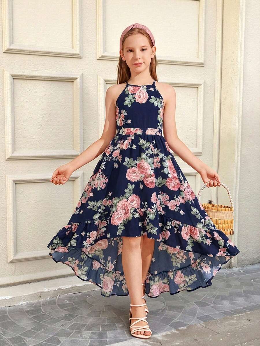 SHEIN Serisse Kids Tween Girl Floral Print Sleeveless Asymmetric Hem Dress - Multicolor - View 1