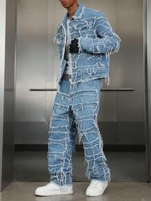 PAVTROS American Style Patch & Fringe Denim Outfit Men S Ghetto Outfits With Jeans Men 2 Piece Set Patched - Light Wash - View 5