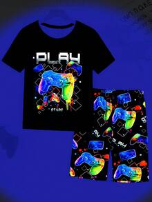 SHEIN 2件套儿童/青少年男童休闲日常舒适印花短袖圆领睡衣套装 - T恤和短裤 - 黑色 - 查看 1