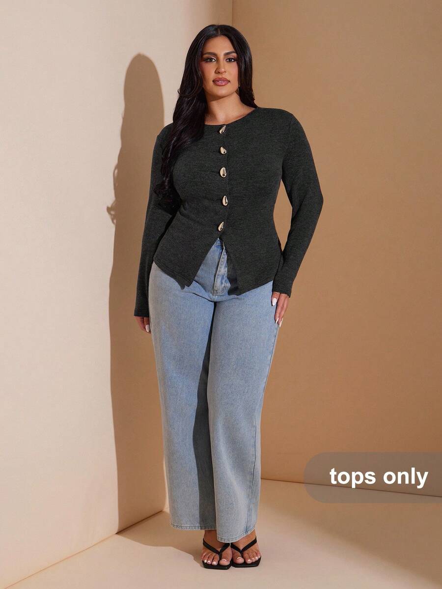 SHEIN BAE Plus Size Women Metal Button Decor Long Sleeve Basic Top - Black - View 1