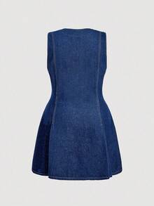 SHEIN MOD 大码女式夏季休闲日常通勤单排扣无袖收腰牛仔连衣裙 - 深色水洗藍 - 查看 2