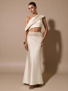 SHEIN BAE Áo kiểu satin xếp ly bất đối xứng, màu mơ thanh lịch dành cho nữ, thích hợp cho các bữa tiệc, sự kiện cocktail, váy sinh nhật, váy phù dâu, trang phục khách mời đám cưới, mùa thu/đông. - Màu be - Xem 6