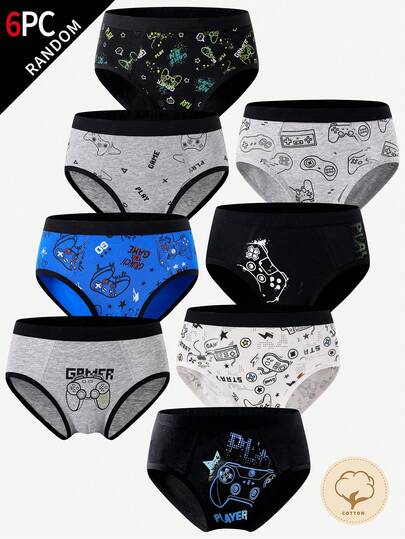 6pcs/Pack Boys' Colorful Video Game Controller Print Soft Cotton Blend Breathable Briefs