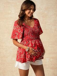 Boho Mama Áo cho con bú in hoa dành cho phụ nữ mang thai, thích hợp mặc thường ngày khi đi nghỉ mát. - Đỏ - Xem 5