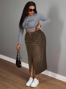 Slaydiva Plus Size Casual Denim Mini Skirt With Belt Loops And Slit Summer - Coffee Brown - View 4