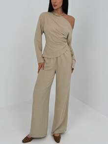 Aloruh Conjunto feminino para o dia a dia: blusa de manga comprida com cintura franzida + calça folgada