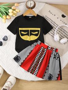 Summer Family Matching Outfits,Young Girls Printed Round Neck T-Shirt & Digital Printed Skirt Set,Fashionable Mother Daughter Sister Matching Clothes - Multicolor - View 3