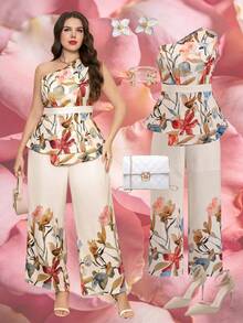 Ellevyn 两件套加大码女式优雅金箔装饰无袖露脐上衣和阔腿裤套装 - 彩色 - 查看 6