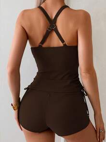 SHEIN Swim 2pcs/Set Women Twist Cup Criss-Cross Back Ruched Tie Side Swimsuit Set - Coffee Brown - View 2