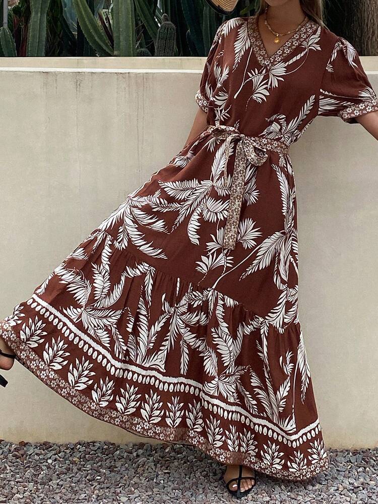 Women's Tropical Plant Print V-Neck Puff Sleeve Casual Dress Boho