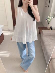 DAZY Women's Casual Solid Color Ruffle Hem Sleeveless Top, Summer - White - View 5