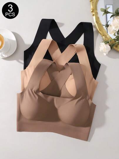 3pcs Underwear & Sleepwear Set - Women's Seamless Solid Color Comfortable Removable Padded Wireless Criss-Cross Back Sports Bra