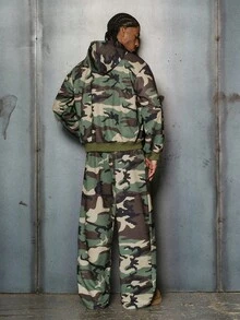 PAVTROS Conjunto de chaqueta con capucha con cremallera y estampado de letras de camuflaje y pantalones largos con cordón en la cintura, estilo casual y urbano para hombre, primavera/otoño - Verde militar - Ver 2