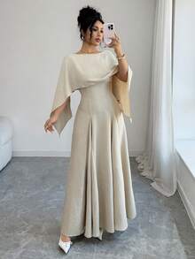 Siren Gaze Women's Elegant Minimalist A-Line Waist Cinched Long Dress, Autumn - Apricot - View 4