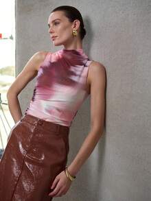 MOTF PREMIUM WOMEN'S ELASTIC RUCHED PRINTED TANK TOP, SPRING/SUMMER - Pink - View 5