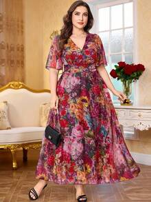 Modelyn New Luxury Elegant Loose V-Neck Short Sleeve Dress - Hot Pink - View 3