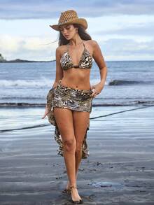 Swim Vcay Women's All-Over Print Halter Neck Bikini Set With Sarong Skirt Beach Skirt Set Beach Two Pieces Outfit Women's Beach Outfit Snake Print Bikini Skimpy Bikini - Multicolor - View 1