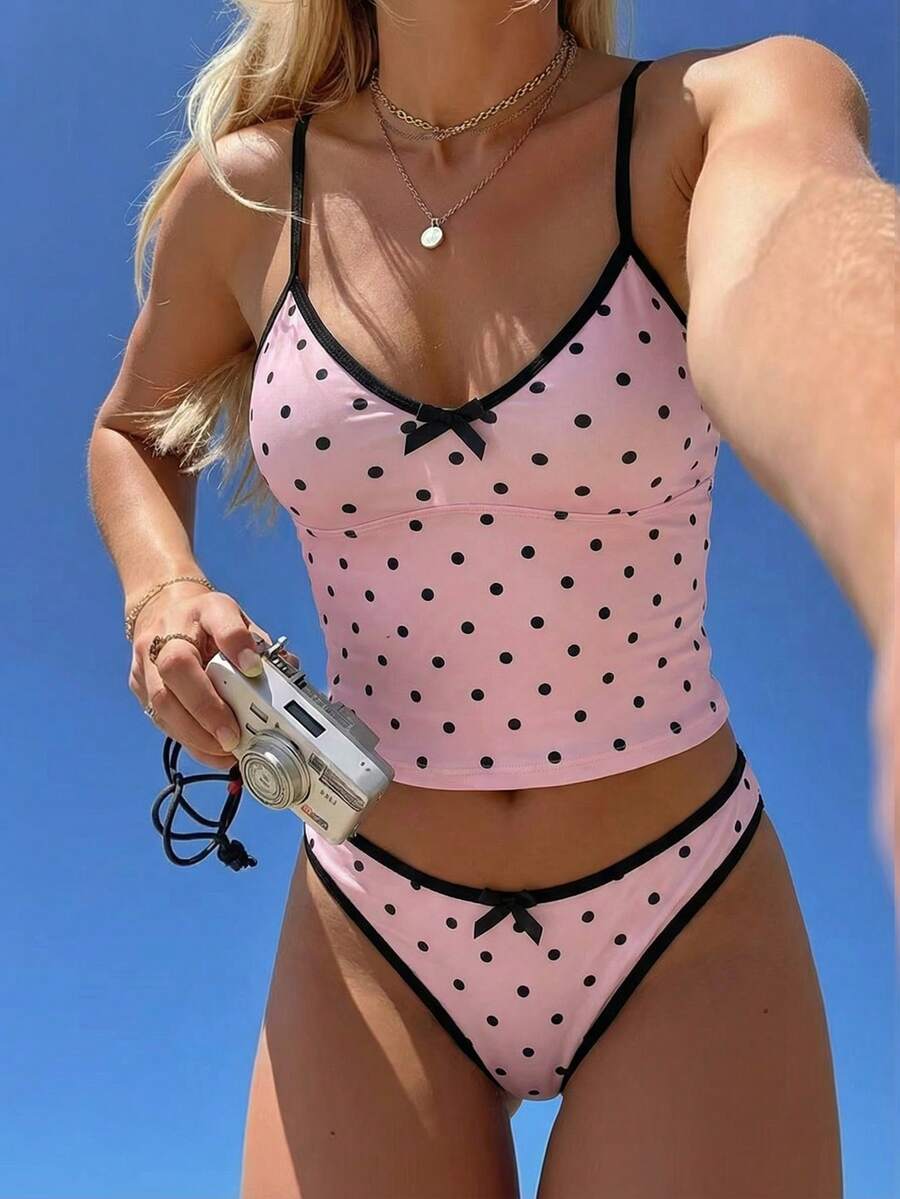 Swim Mod 两件套波点印花细肩带比基尼泳衣，性感露背加厚胸罩短款上衣和高衩泳裤，适合春夏季节、海滩、泳池派对、生日、度假等场合。 - 粉色 - 查看 1