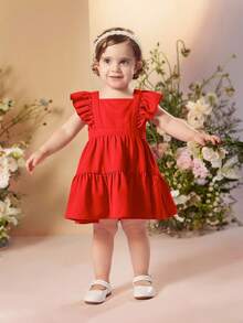 SHEIN Vestido sin mangas de unicolor minimalista con volantes y lazo desmontable para niña bebé en vacaciones de verano - Rojo - Ver 6