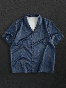 GENTILAND Regular Hem Men's Blue Woven Fabric Short Sleeve Shirt Collar Avant-Garde Paisley Print - Multicolor - View 4