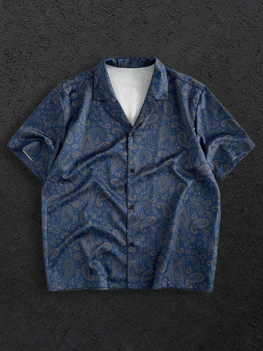 GENTILAND 男士休闲佩斯利印花纽扣短袖衬衫