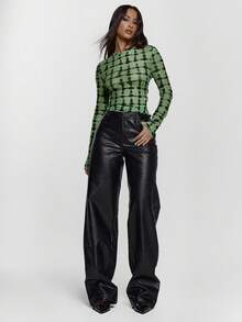 MUSERA Feraux 网眼格纹印花长袖荷叶边下摆上衣，性感外出，秋季、夜晚、冬季，可爱街头风。适合假日、派对、春夏穿着。 - 綠色 - 查看 3