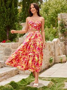 KARISMINA 女士雪纺印花抹胸上衣和半裙两件套，度假风，春夏款 - 彩色 - 查看 1