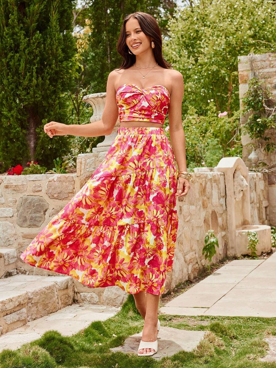 KARISMINA 女士雪纺印花抹胸上衣和半裙两件套，度假风，春夏款 - 彩色 - 查看 1