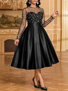 SHEIN Lady Women's Elegant Party Polka Dot Print Mesh Patchwork Waist Pleated Hem Midi Dress - Black - View 6