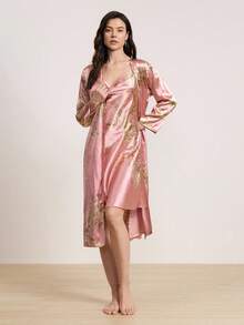 Hourtrue 两件套女士优雅花卉叶子印花丝滑系带睡袍及吊带睡裙睡衣套装，宽松系带长睡袍及吊带短裙，休闲舒适睡衣套装，两件套，秋冬服装 - 粉色 - 查看 5