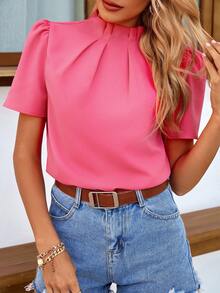 Breezaya 女士休闲纯色立领短袖衬衫 - 粉色 - 查看 3