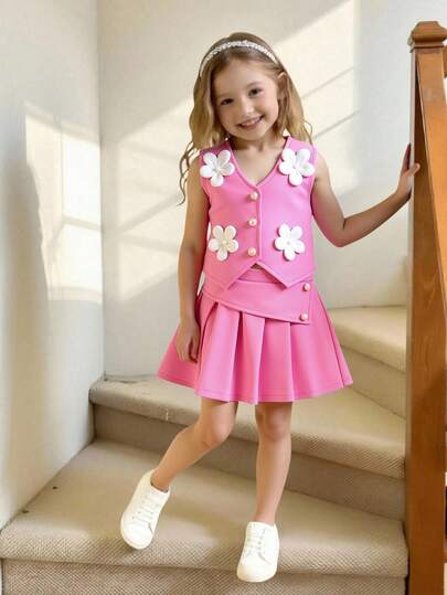 Set de 2 piezas (Pequeño) Top de chaleco rosa con diseño y falda plisada con botones de perla, decoración floral blanca, conjunto de moda para verano