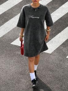 Muchica 女士复古水洗字母刺绣宽松短袖迷你连衣裙 - 黑色 - 查看 3