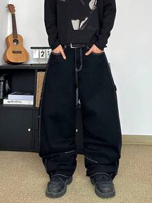 STEELVANCE 休闲街头风纯色刺绣后袋宽松阔腿牛仔裤 - 黑色 - 查看 3