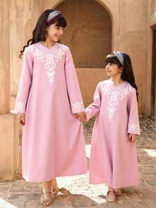 Sukienka dla nastolatek w stylu pałacowym, luźna, swobodna, z dekoltem w serek i długim rękawem - Różowy - Zobacz 3