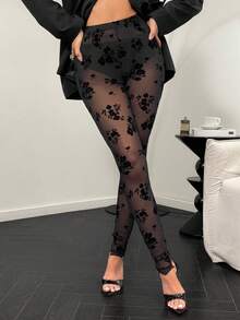 Modelyn Women's Floral Mesh Elastic Waist Sheer Sexy Leggings See Through Leggings Tights See Through Outfit See Through Jumpsuit Tights Two Piece Set Women - Black - View 2