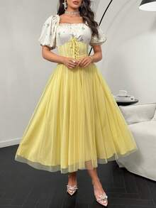 Modelyn 女士长款交叉肩带法式浪漫薄纱喇叭裙优雅连衣裙 - 黃色 - 查看 3