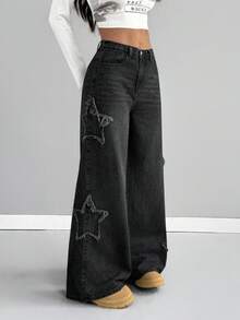 SHEIN 少女时尚休闲 Y2K 复古酷炫街头风返校学院风流苏星形贴片设计蓝色牛仔宽松阔腿牛仔裤柔软日常穿着秋冬派对及街头服饰 - 黑色 - 查看 3
